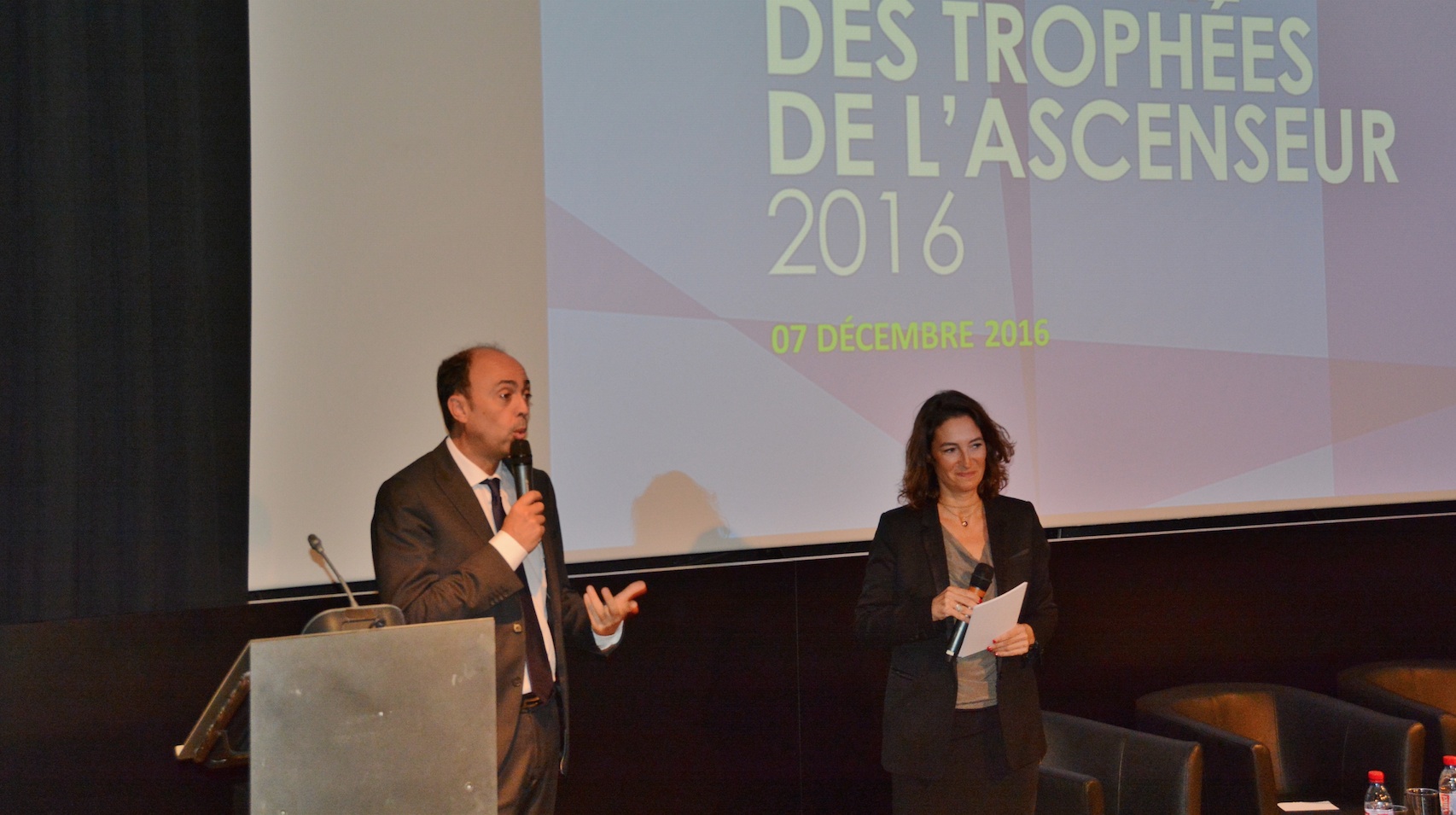 Pierre Hardouin, Président de la Fédération des Ascenseurs et Natacha Fellous, journaliste-animatrice de la cérémonie